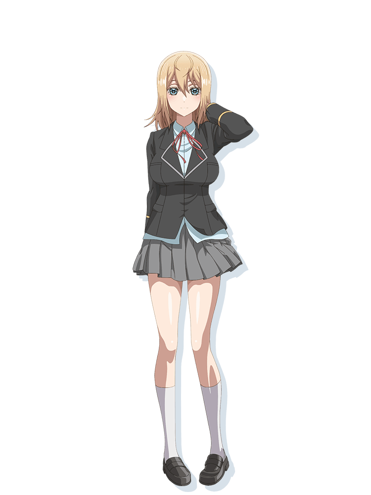 1girl, anime_coloring, black_jacket, blazer, blonde_hair, blue_eyes, blush, breasts