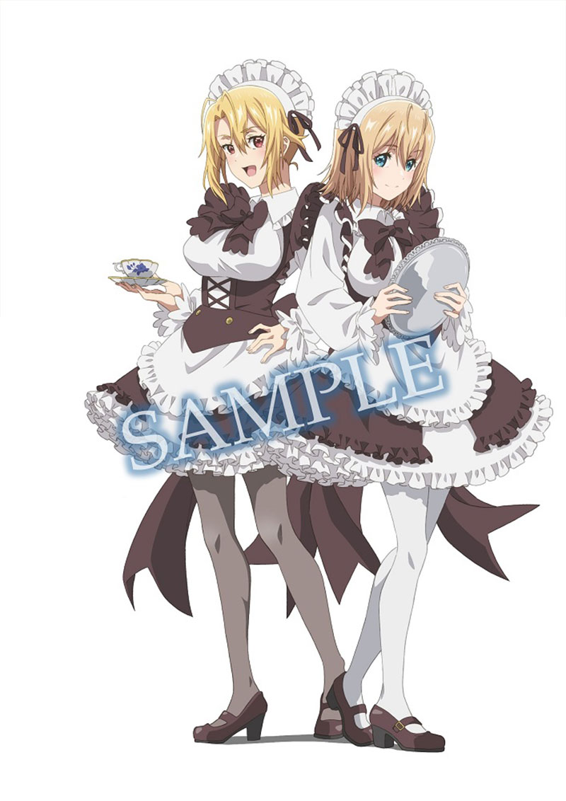2girls, angelica_rapha_redgrave, anime_coloring, apron, blonde_hair, blue_eyes, blush, bow, braid, braided_bun, breasts, brown_hair, closed_mouth, collared_shirt, cup, frilled_apron, frills, full_body, hair_bun, hair_ribbon, holding, holding_tray, large_breasts, long_sleeves, looking_at_viewer, maid, maid_apron, maid_headdress, mary_janes, multiple_girls, official_art, olivia_(mobseka), open_mouth, otome_game_sekai_wa_mob_ni_kibishii_sekai_desu, pantyhose, red_eyes, ribbon, sample_watermark, shirt, shoes, simple_background, single_hair_bun, smile, standing, suzuki_masahiko_(animator), tareme, teacup, tray, tsurime, waist_apron, watermark, white_apron, white_background, white_shirt