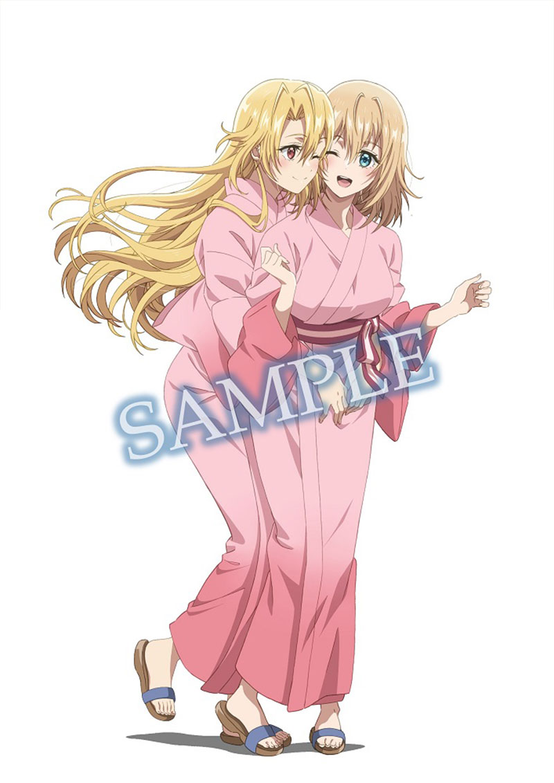 2girls, angelica_rapha_redgrave, anime_coloring, barefoot, blonde_hair, blush, breasts, cheek-to-cheek, closed_mouth, from_side, full_body, heads_together, hug, hug_from_behind, japanese_clothes, kimono, long_hair, long_sleeves, looking_at_viewer, medium_hair, multiple_girls, obi, official_art, olivia_(mobseka), one_eye_closed, open_mouth, otome_game_sekai_wa_mob_ni_kibishii_sekai_desu, pink_kimono, sample_watermark, sandals, sash, simple_background, smile, standing, suzuki_masahiko_(animator), teeth, w_arms, watermark, yukata