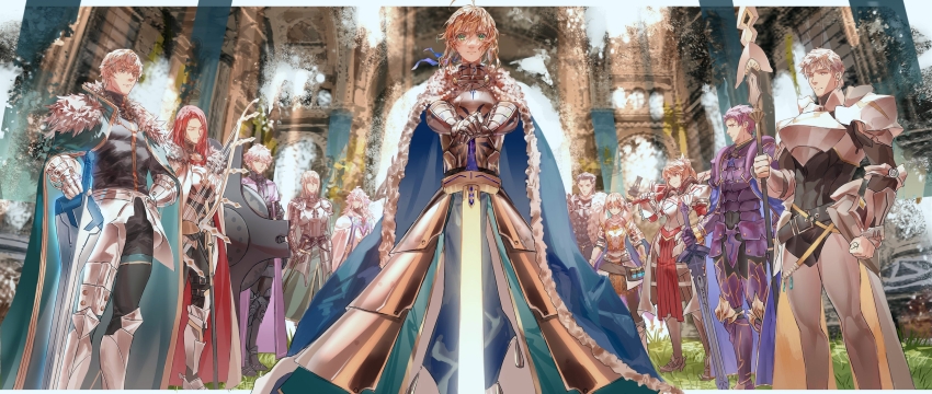 3girls, 6+boys, absurdres, agravain_(fate), ahoge, airgetlam_(fate), armor, armored_dress