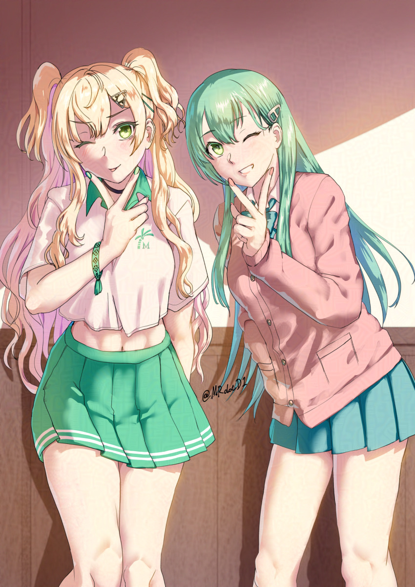 2girls, aqua_bow, aqua_bowtie, aqua_skirt, blonde_hair, bow, bowtie, breasts