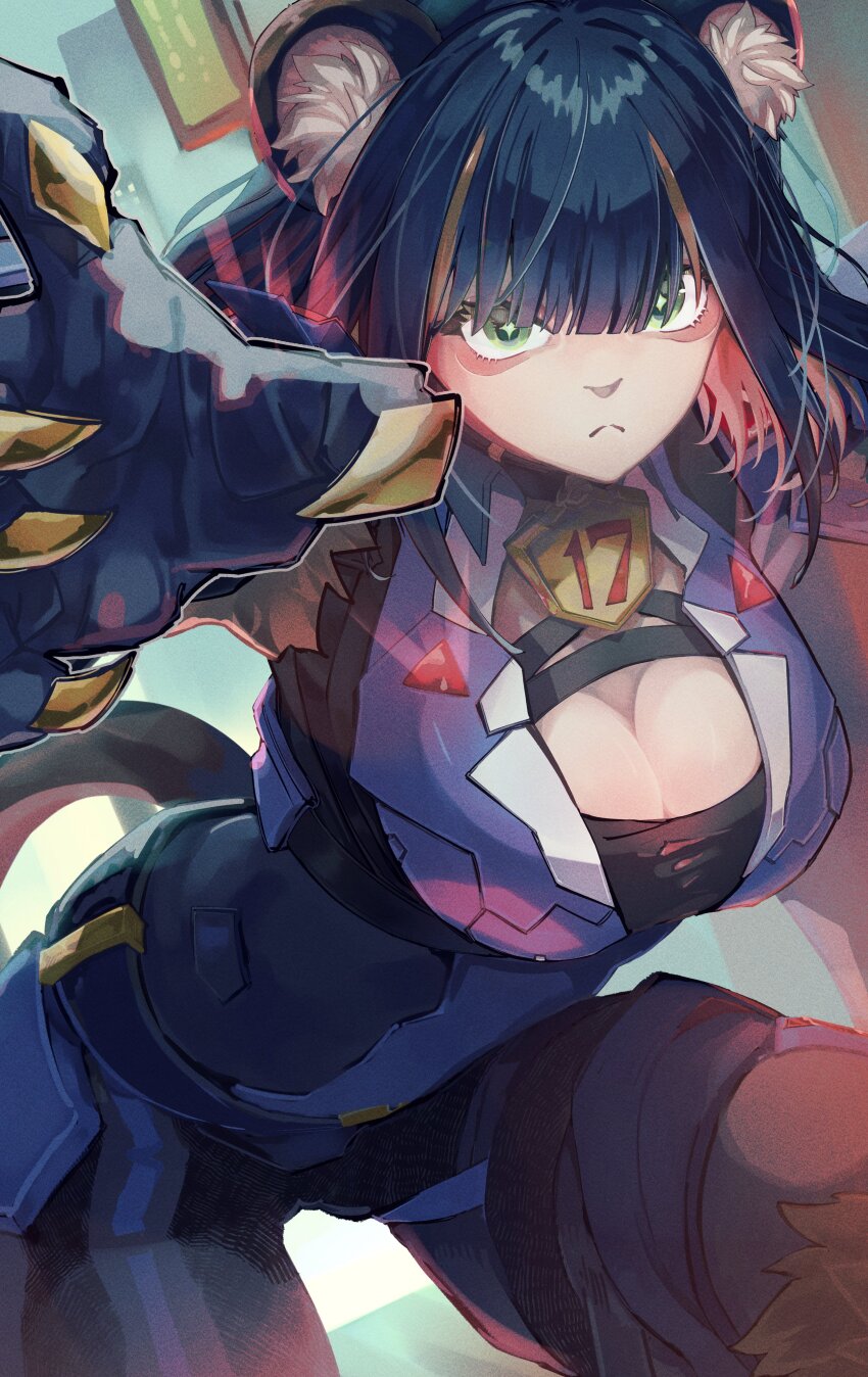 1girl, absurdres, animal_ear_fluff, animal_ears, black_hair, breasts, brown_hair, claws