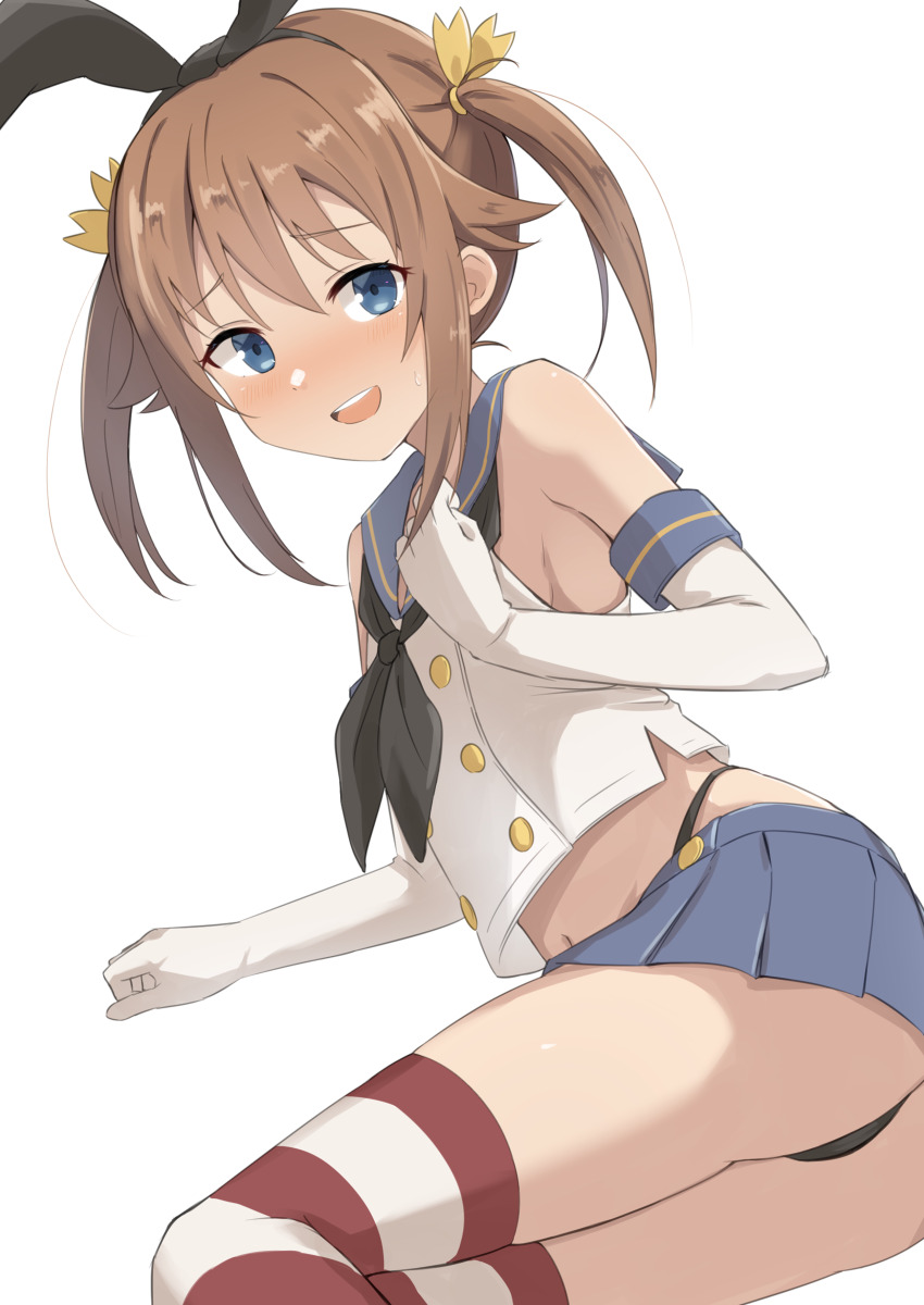 1girl, absurdres, ass, bare_shoulders, black_hairband, black_neckerchief, black_panties, blue_eyes, blue_sailor_collar, blue_skirt, breasts, brown_hair, cosplay, cropped_shirt, elbow_gloves, gloves, hairband, high_school_fleet, highleg, highleg_panties, highres, kantai_collection, looking_at_viewer, lying, miniskirt, misaki_akeno, neckerchief, on_side, open_mouth, panties, pleated_skirt, red_thighhighs, sailor_collar, shimakaze_(kancolle), shimakaze_(kancolle)_(cosplay), shirt, simple_background, skirt, sleeveless, sleeveless_shirt, small_breasts, solo, striped_clothes, striped_thighhighs, sukimizaki, teeth, thighhighs, twintails, underwear, upper_teeth_only, white_background, white_gloves, white_shirt