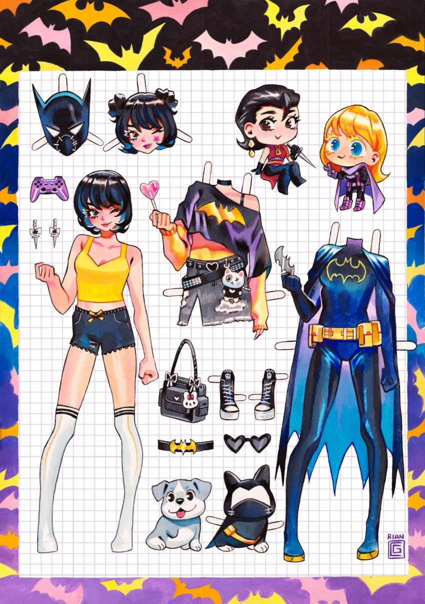 3girls, arm_support, artist_name, batarang, batgirl, batman_symbol, belt, black_bodysuit