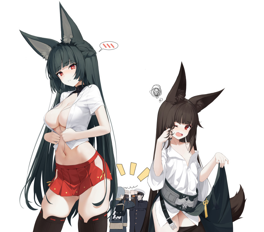 2boys, 2girls, animal_ears, azur_lane, belt, black_belt, black_hair, black_skirt