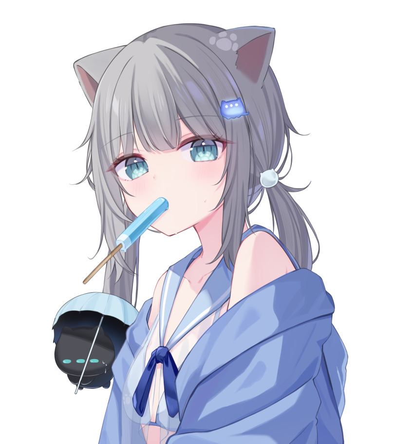 1girl, alternate_costume, animal_ears, bare_shoulders, bikini, blue_bikini, blue_cross_tie, blue_eyes