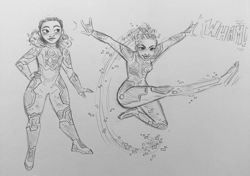 1girl, commentary, english_commentary, english_text, full_body, hand_on_own_hip, highres, margo_kess, marvel, solo, spider-byte, spider-man:_across_the_spider-verse, spider-man_(series), spider-verse, traditional_media, xeebss