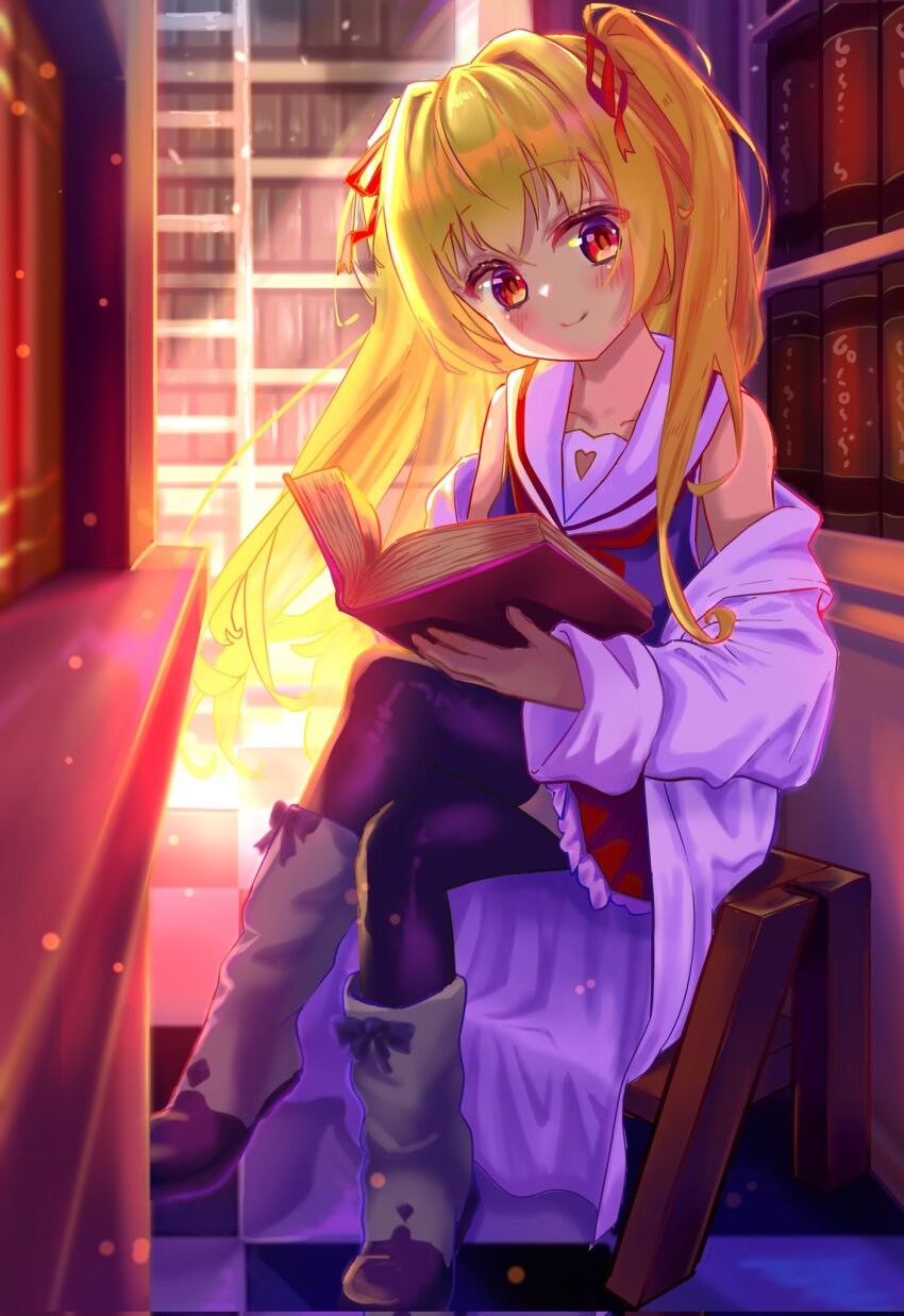 1girl, backlighting, bare_shoulders, black_bow, black_thighhighs, blonde_hair, blue_shirt, blush