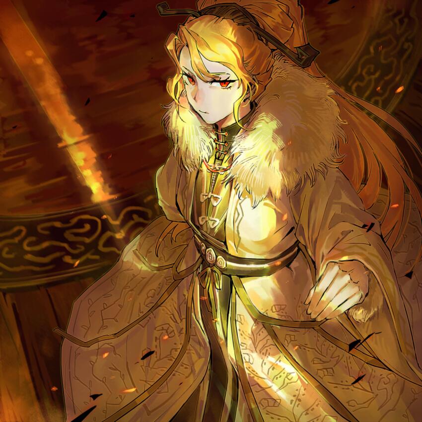 1girl, absurdres, artist_request, blonde_hair, chinese_clothes, closed_mouth, coat, commission