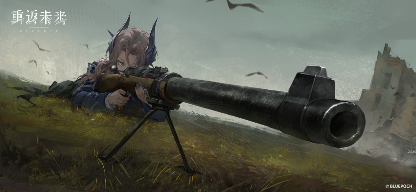 1girl, aiming, anti-materiel_rifle, anti-tank_gun, blue_jacket, copyright_name, copyright_notice, dutch_angle, full_body, grass, grey_eyes, grey_hair, grey_sky, gun, hair_ornament, highres, holding, holding_gun, holding_weapon, jacket, logo, long_hair, lying, mauser_tankgewehr_m1918, military_uniform, official_art, official_wallpaper, on_ground, on_stomach, reverse:1999, rifle, ruins, sentinel_(reverse:1999), simple_bird, sky, sniper_rifle, sniping, solo, weapon
