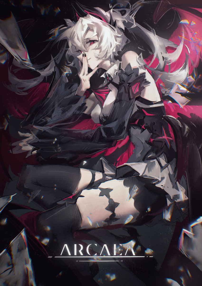 1girl, arcaea, bare_shoulders, black_nails, black_shorts, black_sleeves, black_thighhighs, black_wings