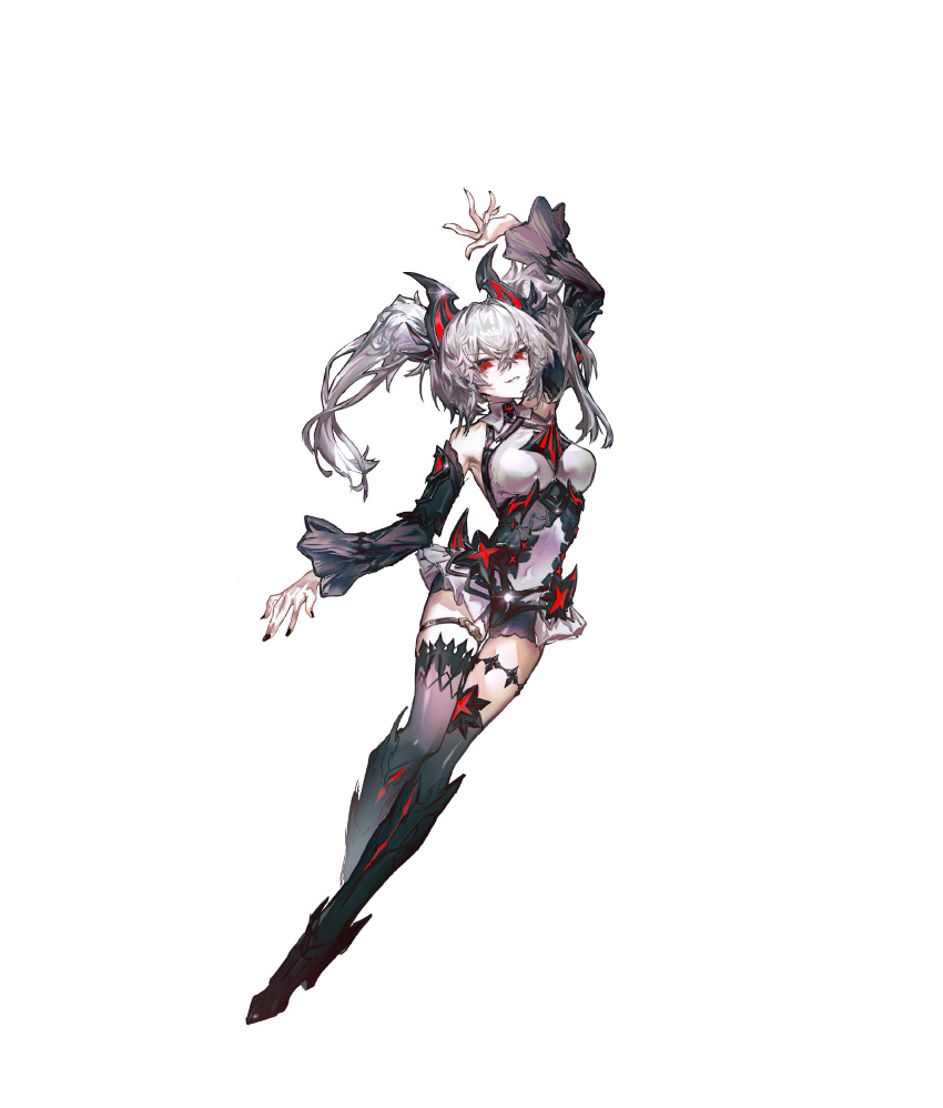 1girl, absurdres, arcaea, arm_up, bare_shoulders, black_boots, black_horns, black_nails