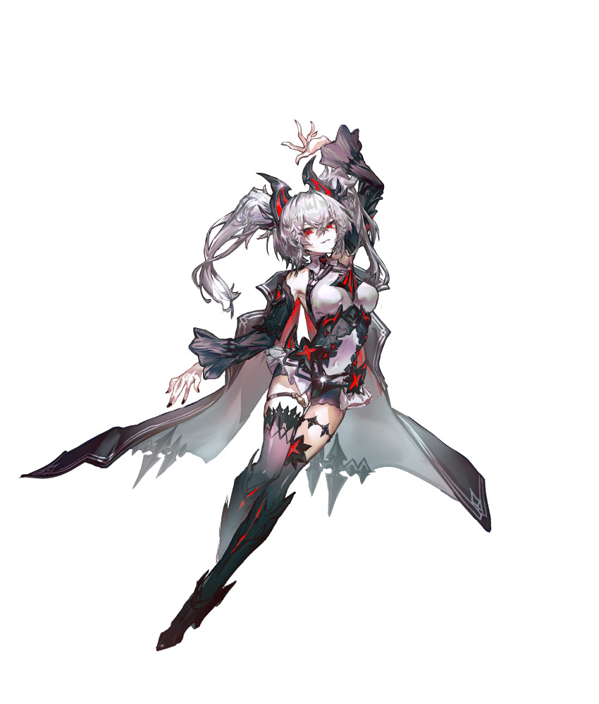 1girl, absurdres, arcaea, arm_up, bare_shoulders, black_boots, black_cape, black_horns