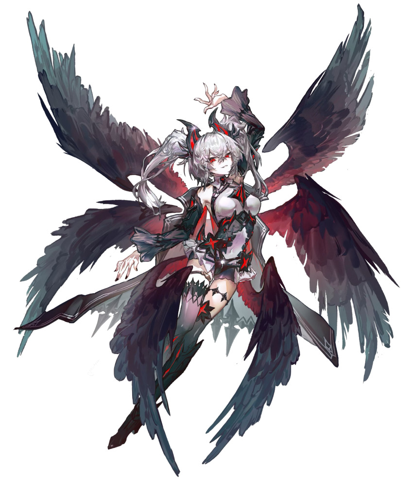 1girl, arcaea, arm_up, bare_shoulders, black_boots, black_cape, black_horns, black_nails