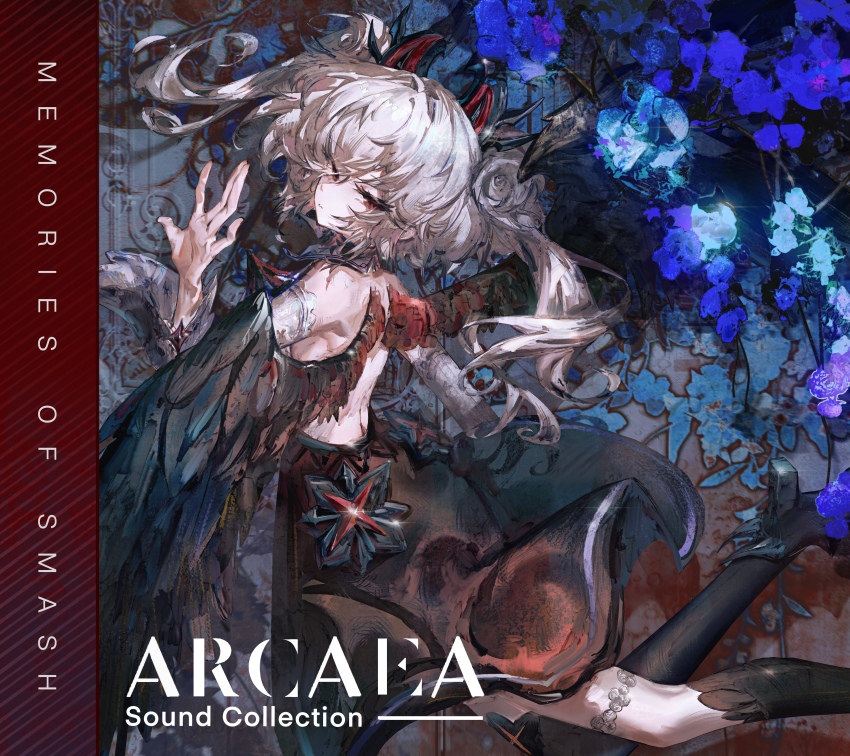 1girl, absurdres, album_cover, album_name, arcaea, backless_dress, backless_outfit, black_boots