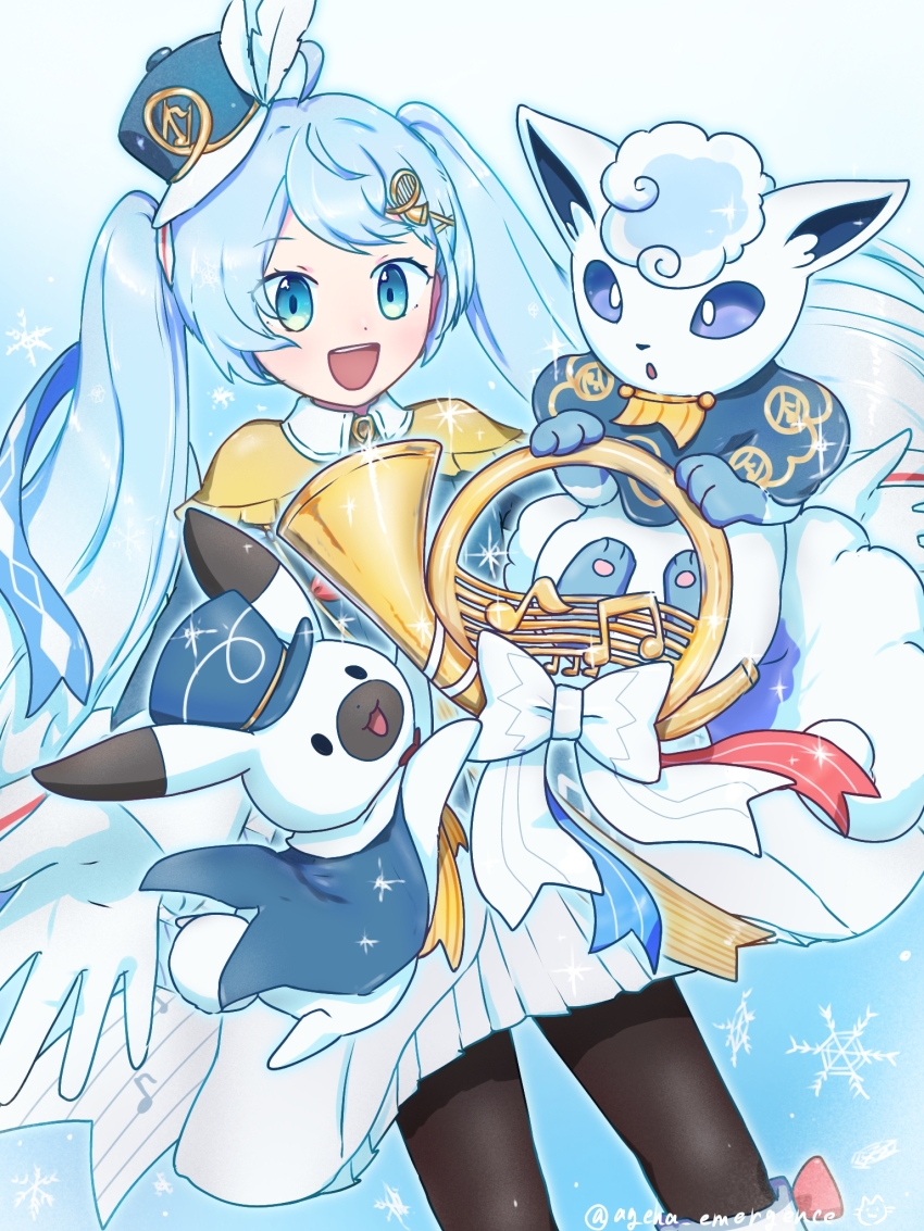 1girl, 2others, ahoge, animal_ears, aqua_eyes, aqua_hair, black_pantyhose, blush