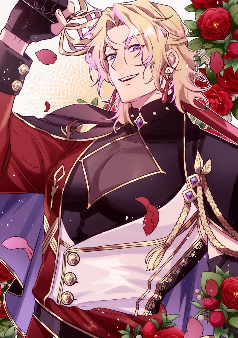 1boy, :d, aiguillette, arm_out_of_sleeve, black_cape, black_gloves, black_shirt, blonde_hair, camellia, cape, chinese_commentary, coat, curtained_hair, cypar_(noctilucent), earrings, falling_petals, fingerless_gloves, flower, gem, gloves, gold_trim, half_updo, hand_up, holding, holding_sword, holding_weapon, jafa0, jewelry, light_particles, male_focus, medium_hair, noctilucent:_before_dawn, open_mouth, over_shoulder, parted_bangs, pectoral_cleavage, pectorals, petals, purple_eyes, purple_gem, red_coat, red_flower, see-through_cleavage, see-through_clothes, shirt, sideways_glance, sleeveless, sleeveless_shirt, smile, solo, sword, teeth, upper_body, upper_teeth_only, vest, weapon, weapon_over_shoulder, white_vest