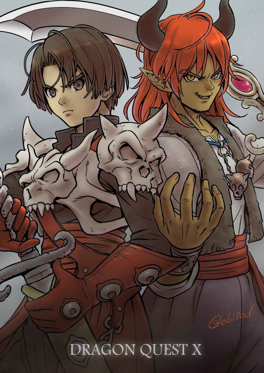 2boys, absurdres, armor, back-to-back, black_horns, bracer, breastplate, brown_eyes