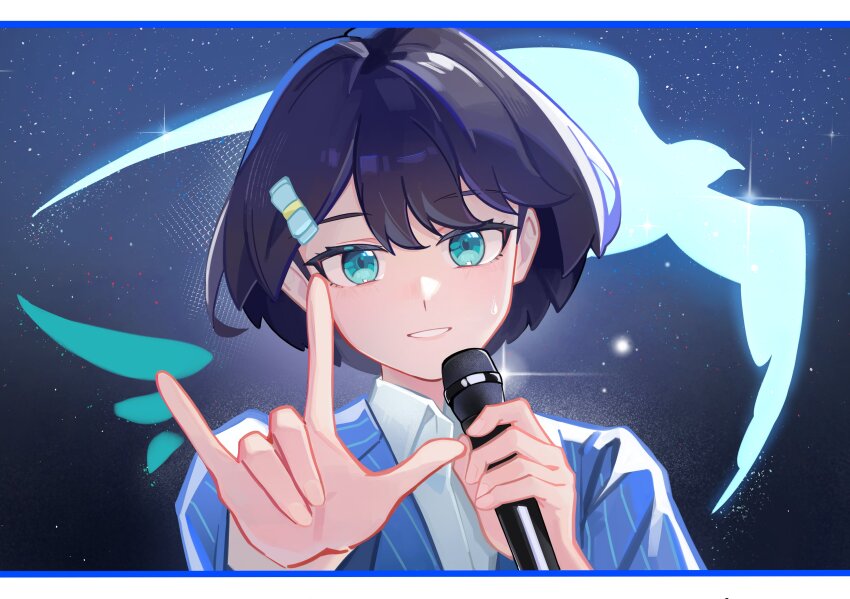 1girl, \m/, absurdres, achin_(putsi_2025), azabu_mai, bird, blue_background, blue_bird