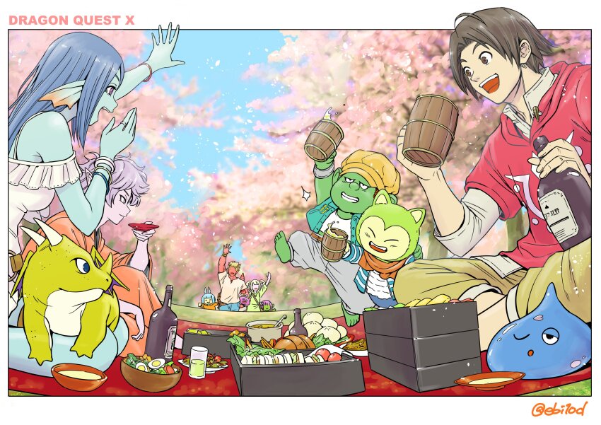 4girls, 6+boys, :d, absurdres, angel_slime, animal_ears, arm_up, barefoot