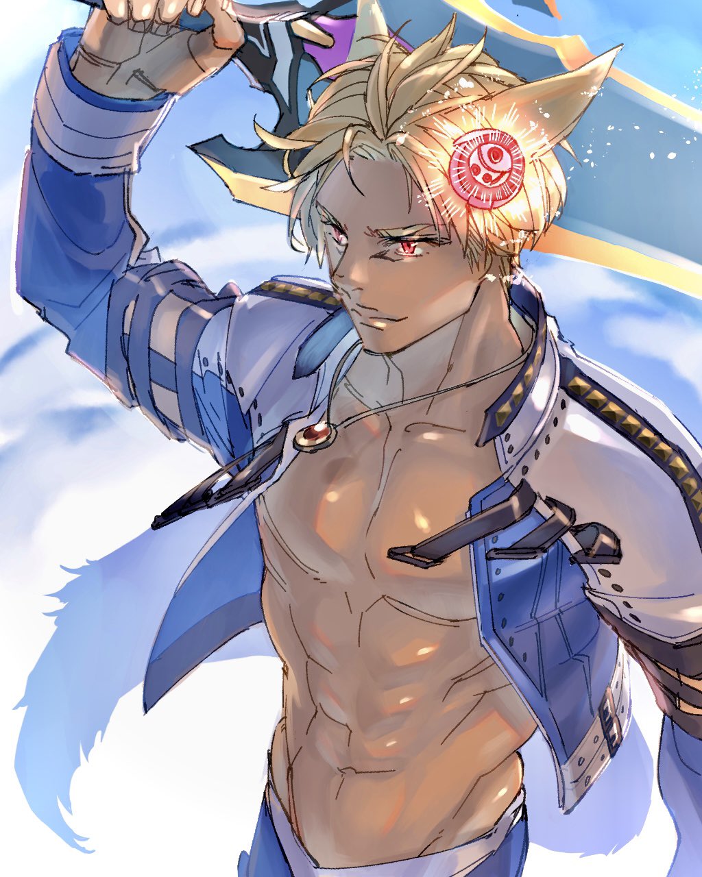 1boy, abs, animal_ears, arm_up, bare_pectorals, blonde_hair, blue_jacket, blue_pants