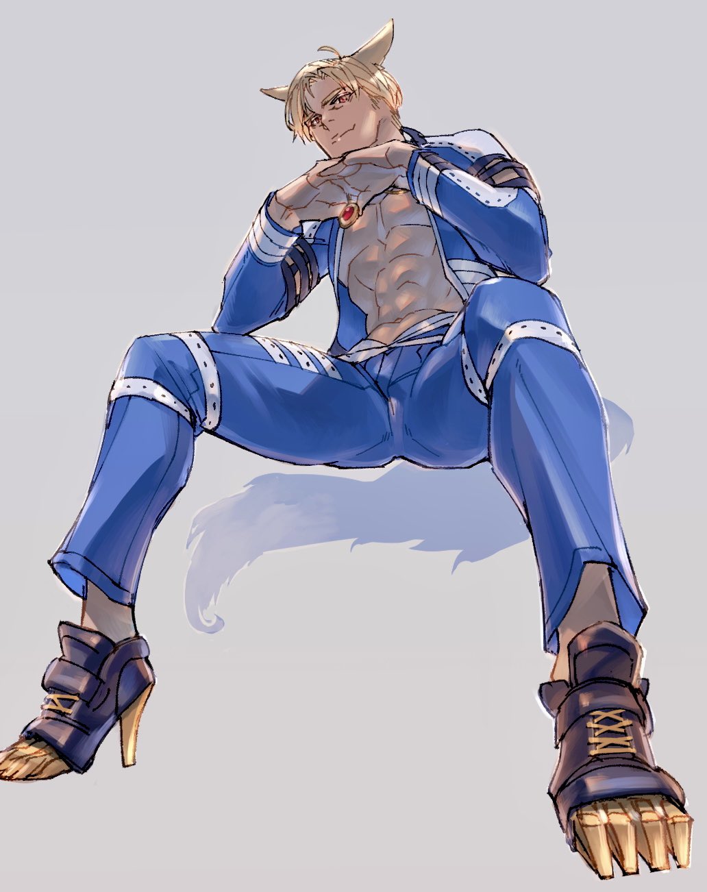 1boy, abs, animal_ears, bare_pectorals, blonde_hair, blue_jacket, blue_pants, cat_ears