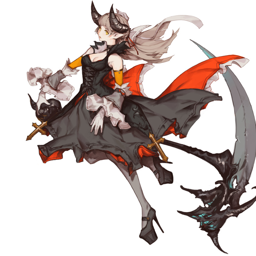 1girl, arcaea, back_bow, bare_shoulders, black_dress, black_shoes, blonde_hair, bodice