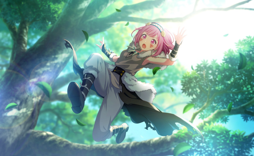 1girl, :o, armpits, black_shoes, blurry, breasts, brown_shirt, colorful_palette, depth_of_field, facepaint, full_body, fur_trim, game_cg, hairband, highres, leaf, official_art, ootori_emu, pants, pink_eyes, pink_hair, project_sekai, revival_my_dream_(project_sekai), shirt, shoes, sleeveless, sleeveless_shirt, solo, third-party_source, tree, triangle, v-shaped_eyebrows, white_pants