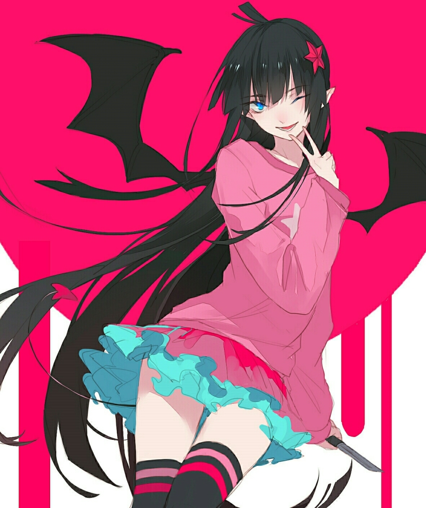 1girl, adversarial_noise, ahoge, aotu_world, black_hair, black_thighhighs, black_wings, blue_eyes, blue_skirt, blunt_bangs, chinese_commentary, demon_girl, demon_wings, feixuxu, floating_hair, hair_ornament, hand_up, highres, kaili_(aotu_world), layered_skirt, long_hair, long_sleeves, looking_at_viewer, miniskirt, one_eye_closed, open_mouth, pink_shirt, pink_skirt, pleated_skirt, pointy_ears, print_skirt, shirt, sidelocks, skirt, smile, solo, star_(symbol), star_hair_ornament, star_print, striped_clothes, striped_thighhighs, thighhighs, v, very_long_hair, wings, zettai_ryouiki