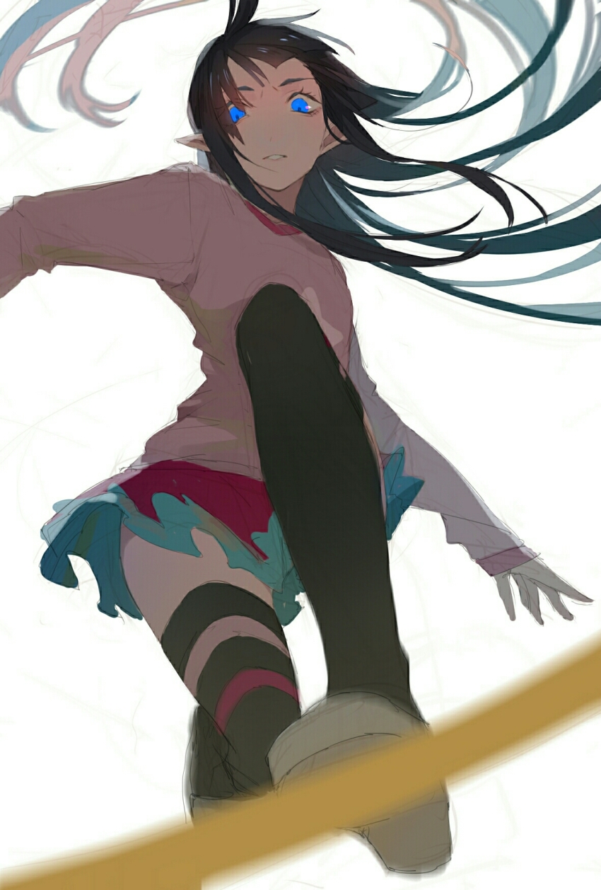 1girl, adversarial_noise, ahoge, aotu_world, black_hair, black_thighhighs, blue_eyes, blue_skirt, blurry, chinese_commentary, depth_of_field, feixuxu, floating_hair, from_below, glowing, glowing_eyes, highres, kaili_(aotu_world), layered_skirt, long_hair, long_sleeves, looking_at_viewer, miniskirt, parted_lips, pink_shirt, pink_skirt, pleated_skirt, pointy_ears, sandals, shirt, simple_background, sketch, skirt, solo, standing_on_sword, striped_clothes, striped_thighhighs, thighhighs, very_long_hair, white_background, white_sandals, zettai_ryouiki