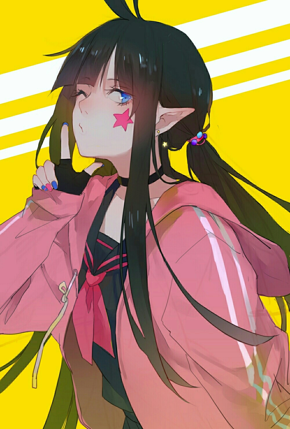 1girl, adversarial_noise, ahoge, alternate_costume, alternate_hairstyle, aotu_world, black_choker, black_gloves