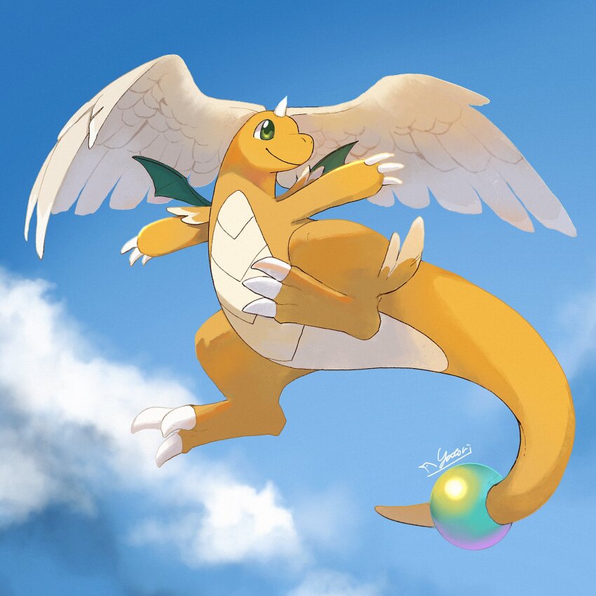 blue_sky, claws, closed_mouth, cloud, day, dragon, dragonite, feathered_wings