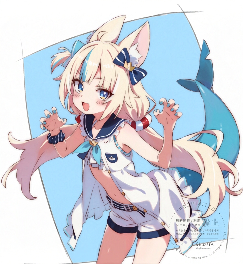 1girl, absurdres, animal_ear_fluff, animal_ears, arched_back, blonde_hair, blue_nails, blush, boat_print, bow, cat_ears, collared_shirt, fang, fingernails, fins, fish, fish_girl, fish_tail, flat_chest, frilled_shirt_collar, frills, hair_between_eyes, hair_bow, hair_ornament, hands_up, highres, indie_virtual_youtuber, leaning_forward, lifebuoy, lifebuoy_hair_ornament, loli, long_hair, multicolored_hair, nail_polish, navel, open_clothes, open_mouth, open_shirt, sameko_saba, scrunchie, shark_tail, shirt, short_shorts, shorts, side_ponytail, sidelocks, simple_background, skin_fang, stomach, streaked_hair, suzufa, swim_ring, tail, thighs, tiwntails, twintails, very_long_hair, virtual_youtuber, watermark, white_background, white_shirt, white_shorts, wrist_scrunchie