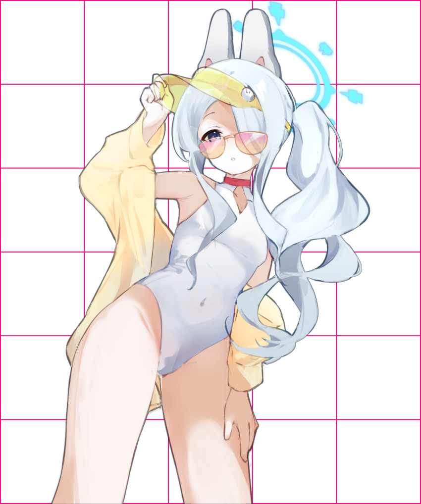 1girl, absurdres, adjusting_clothes, adjusting_headwear, animal_ears, bare_shoulders, blue_archive, blue_halo