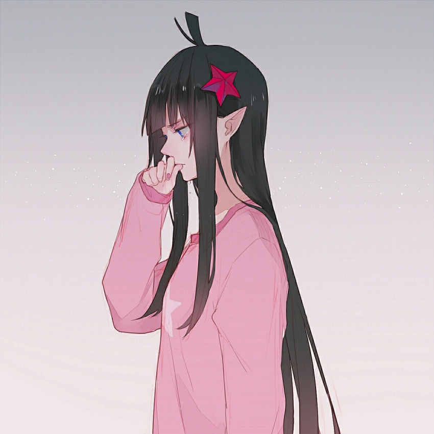 1girl, adversarial_noise, ahoge, aotu_world, black_hair, blue_eyes, blunt_bangs, chinese_commentary