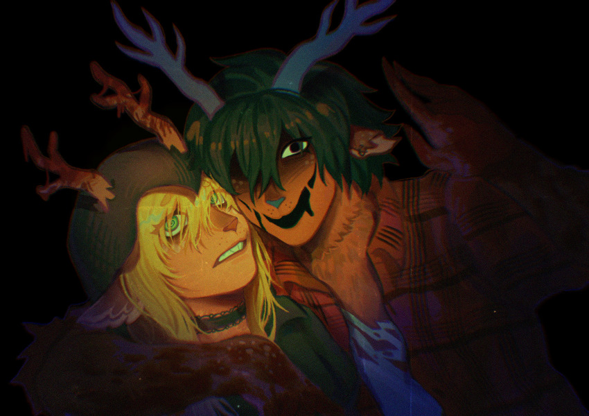 2girls, animal_ears, antlers, blonde_hair, december_holiday, deer_antlers, deer_ears, deer_girl