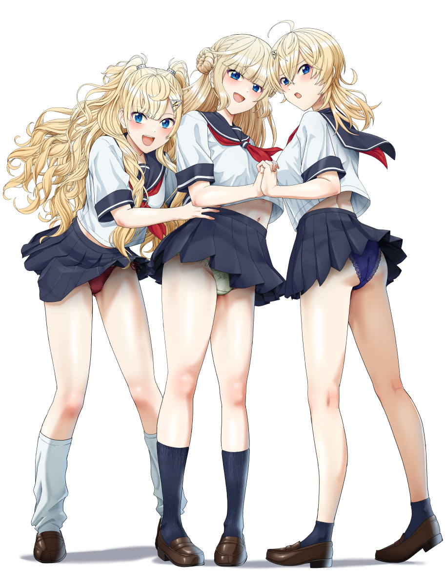3girls, alternate_costume, ass, blonde_hair, blue_eyes, blue_panties, blue_skirt, blue_socks