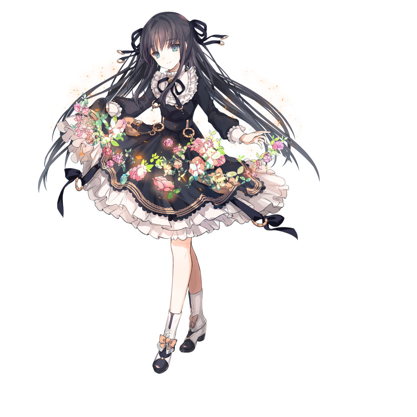 1girl, arcaea, black_dress, black_hair, black_ribbon, black_shoes, cierra_(ra-bit), dress