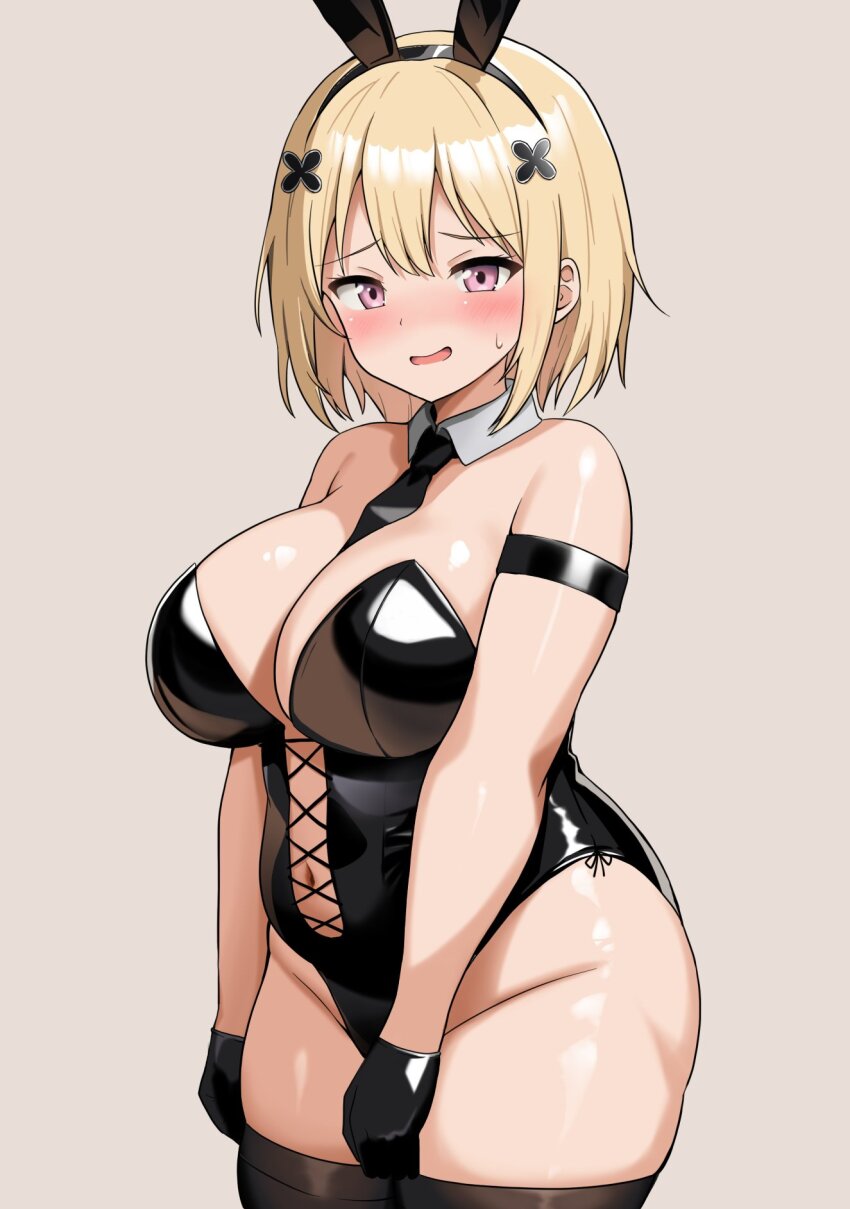 1girl, animal_ears, armlet, between_breasts, black_armlet, black_gloves, black_leotard, black_necktie