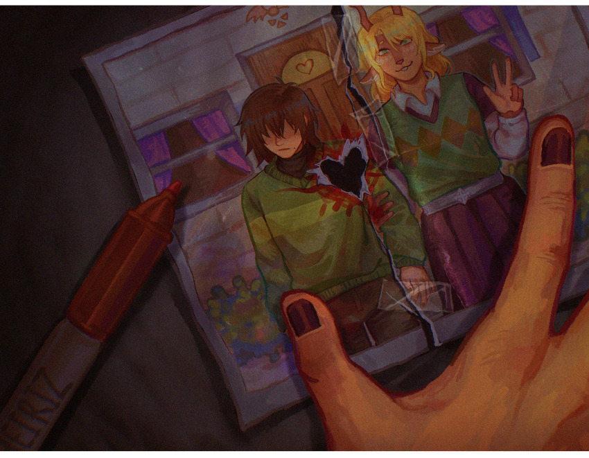 1girl, 1other, alternate_skin_color, animal_ears, antlers, blonde_hair, brown_hair, buck_teeth