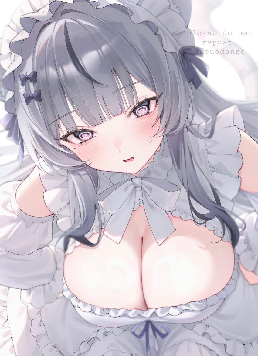 1girl, @_@, animal_ear_fluff, animal_ears, blush, bow, breasts, cat_ears