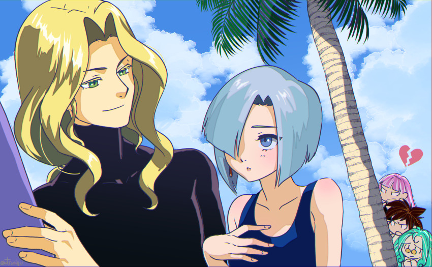 1boy, 4girls, annoyed, bare_shoulders, blonde_hair, blue_hair, blue_sky, breasts