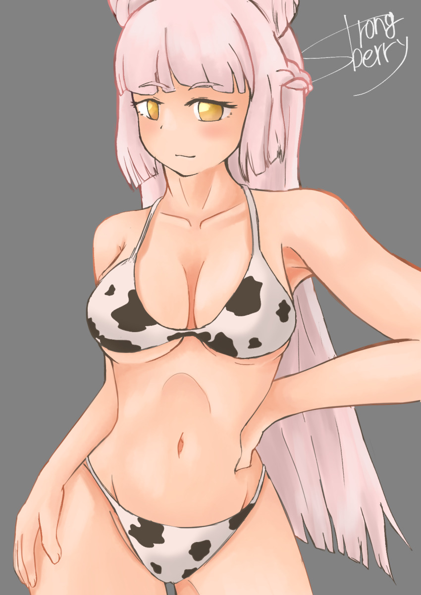 1girl, animal_print, artist_name, bikini, breasts, chaos_puss_in_boots_(grimms_notes), closed_mouth, cow_print
