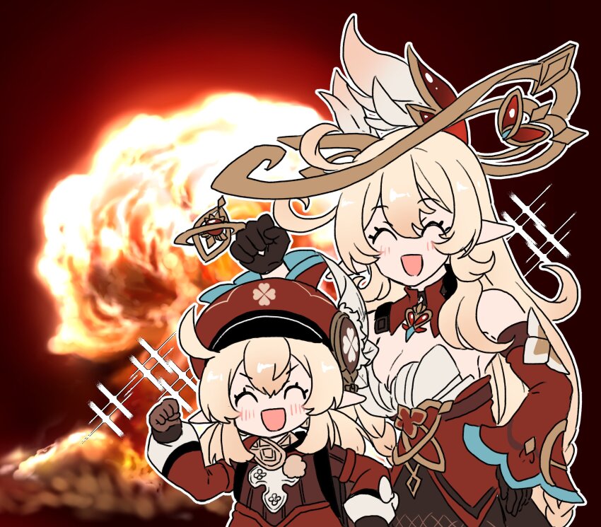 2girls, ahoge, alice_(genshin_impact), antenna_hair, aoyagi_(ao0701yagi), bare_shoulders, black_gloves, blonde_hair