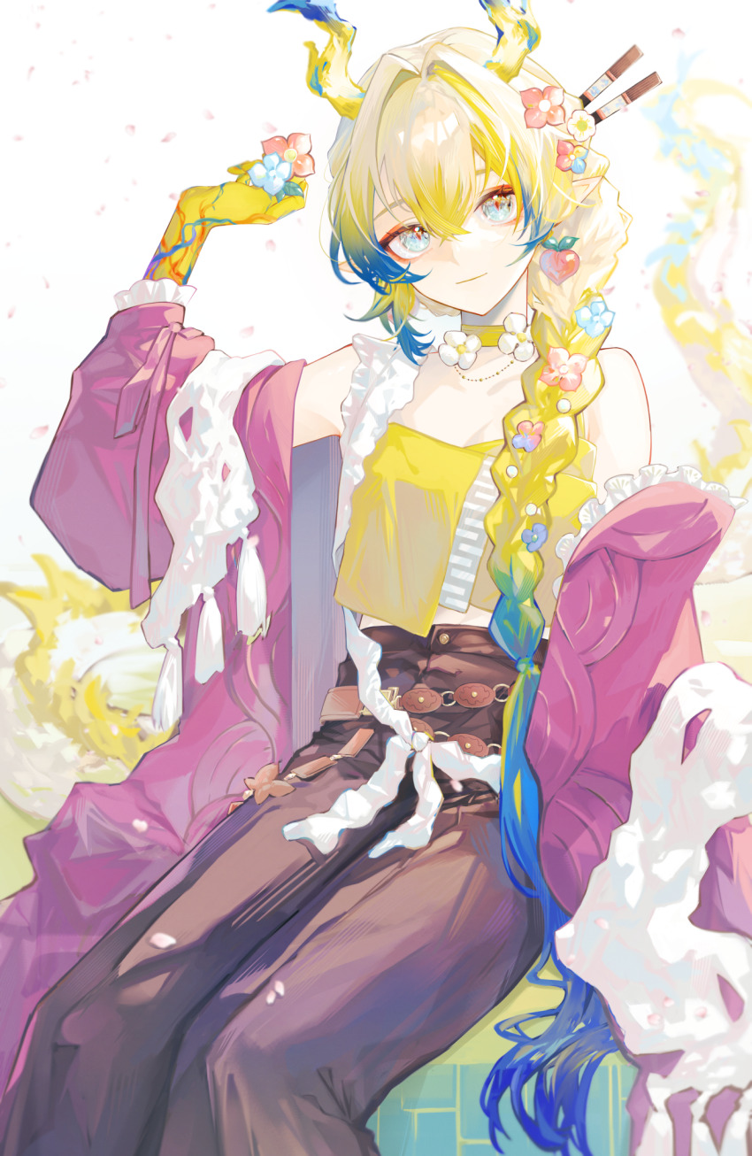 1girl, arknights, blonde_hair, braid, breasts, chinese_hairpin, choker, closed_mouth