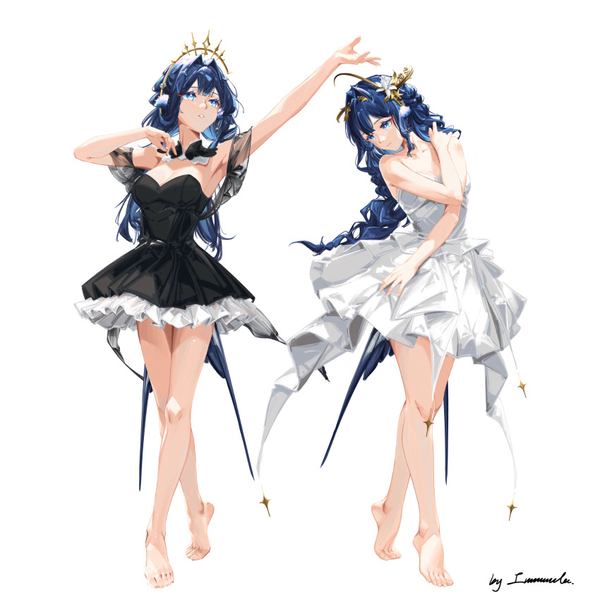 2girls, absurdres, animal_ears, arknights, astesia_(arknights), bare_legs, bare_shoulders, barefoot, bird_ears, bird_tail, black_dress, blue_eyes, blue_hair, collarbone, dancer, dancing, detached_collar, dress, flower, frills, hair_flower, hair_ornament, hand_on_own_chest, highres, immeasurable, long_hair, multiple_girls, outstretched_arm, parted_lips, see-through_clothes, see-through_shawl, shawl, star_(symbol), tail, tiptoes, white_dress