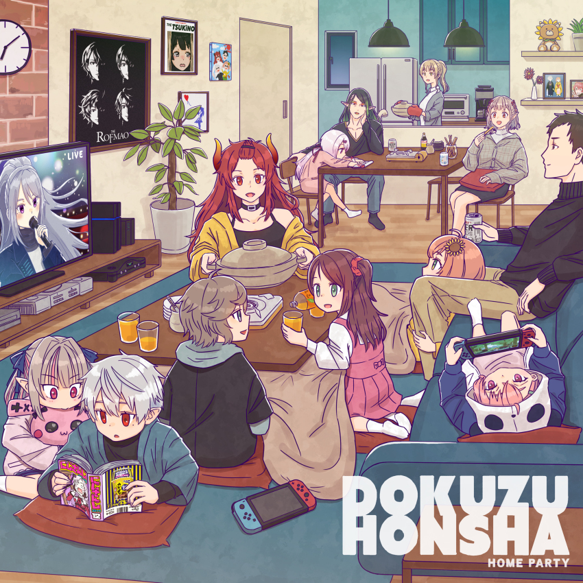 4boys, 6+girls, aged_down, akabane_youko, alternate_costume, analog_clock, animal_hood, bangs_pinned_back