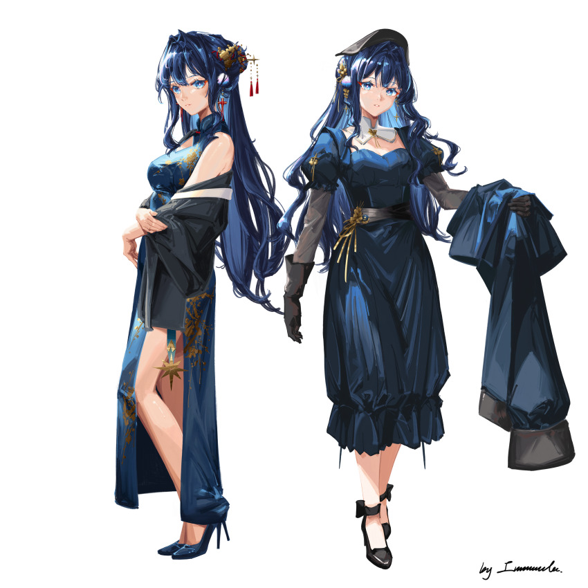 2girls, absurdres, arknights, astesia_(arknights), bare_shoulders, belt, black_shoes, blue_dress