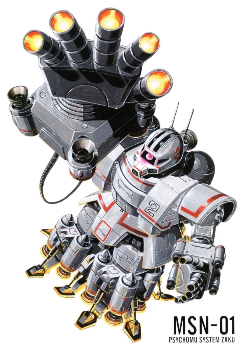 1980s_(style), beam_cannon, cable, character_name, finger_cannon, gundam, gundam_msv, highres, machinery, magazine_scan, mecha, mecha_focus, mobile_suit, no_humans, oldschool, one-eyed, ookawara_kunio, painting_(medium), psycommu_zaku, psycommu_zaku_high_mobility_type, radio_antenna, realistic, retro_artstyle, robot, roundel, scan, science_fiction, thrusters, traditional_media, zeon