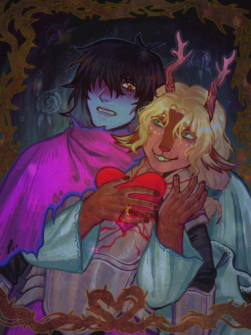 1girl, 1other, animal_ears, antlers, armor, blonde_hair, blue_skin, buck_teeth